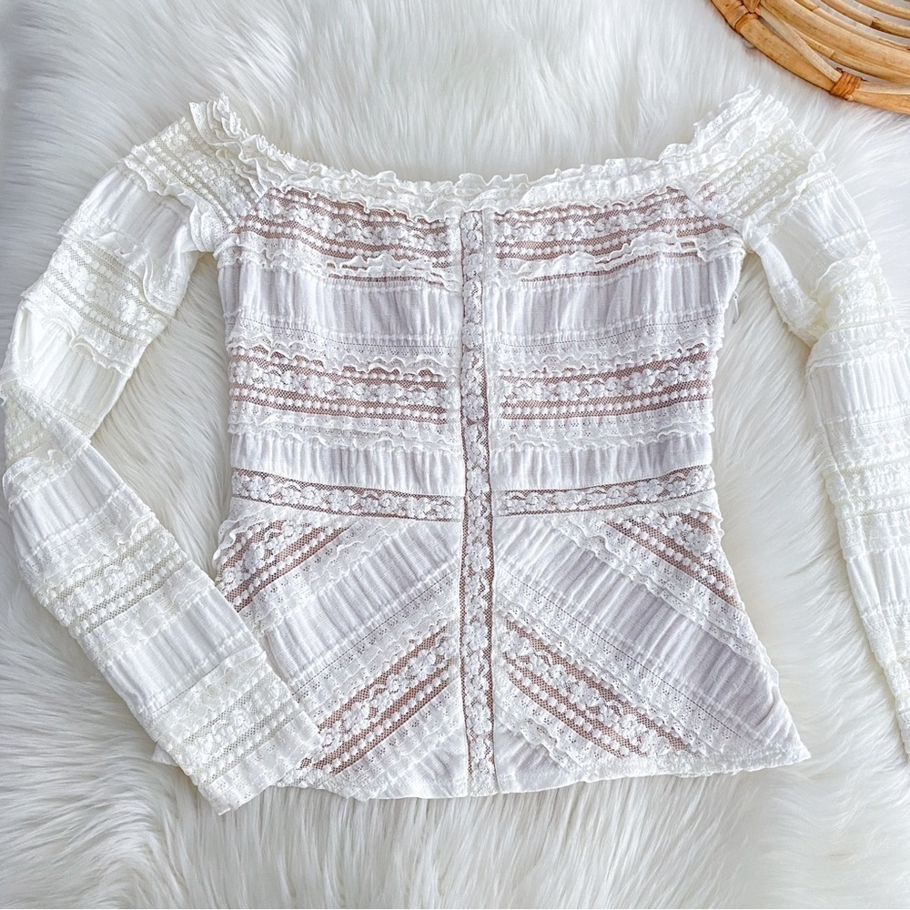 cinq a sept Off-the-Shoulder White Lace Long-Sleeve Top - Picture 7 of 14